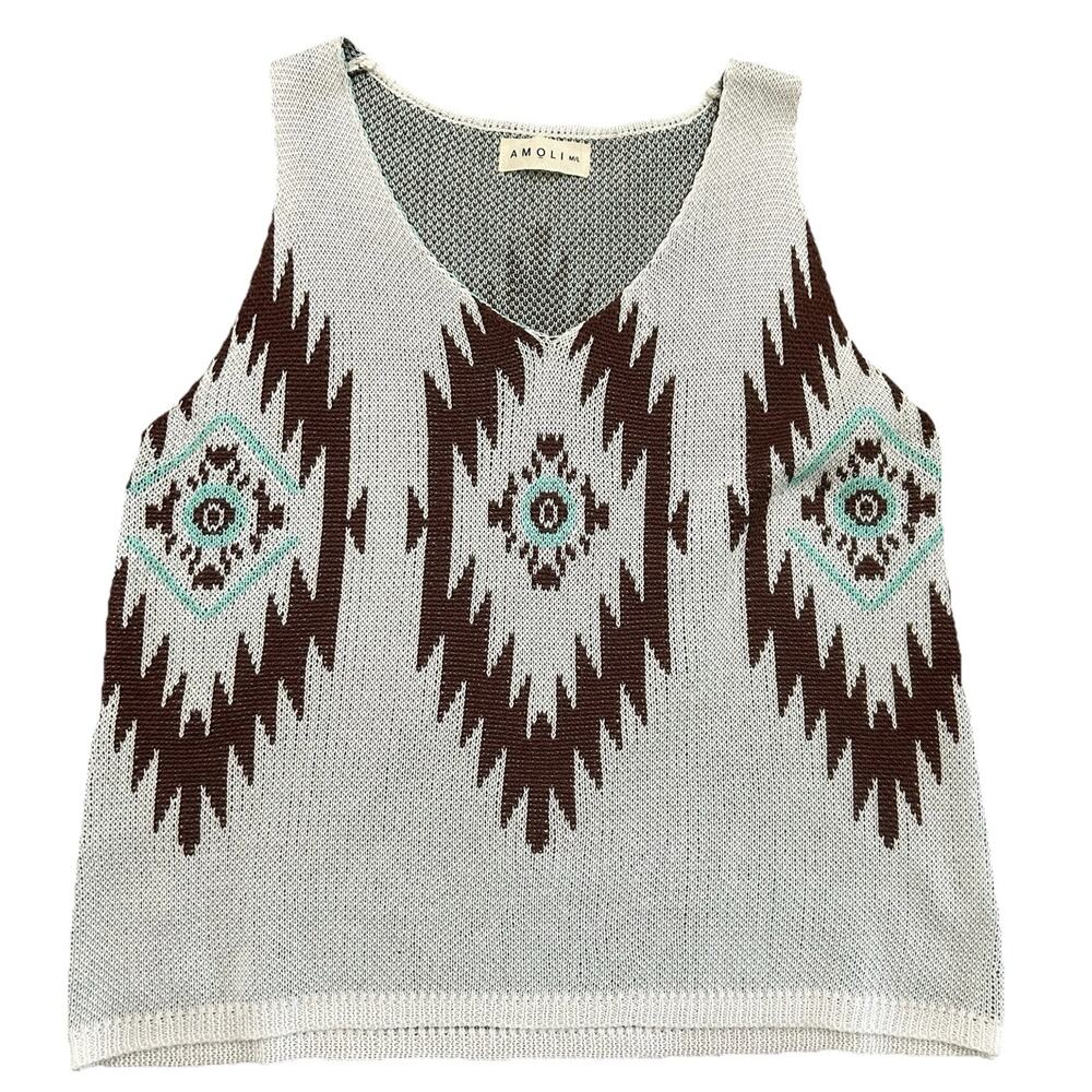 Amoli Size M/L Aztec Boho Tank Top‎ Knitted Tribal Knit Short Ivory Sweater